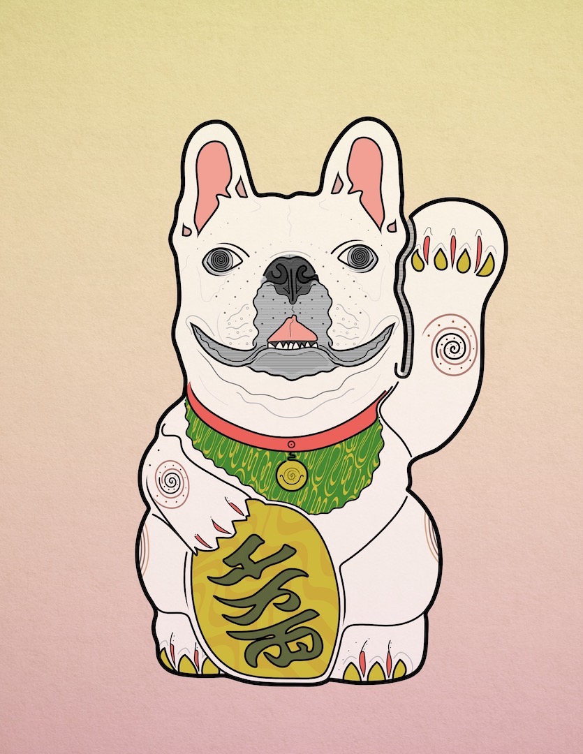 illustration of a lucky-cat style statue with a french bulldog head