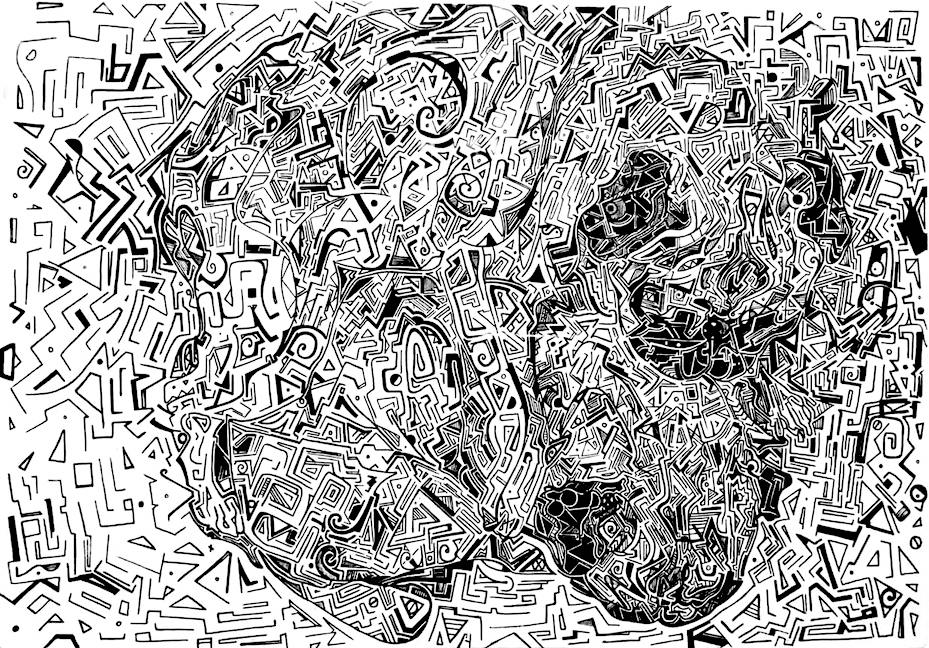 semi-abstract drawing of two pugs